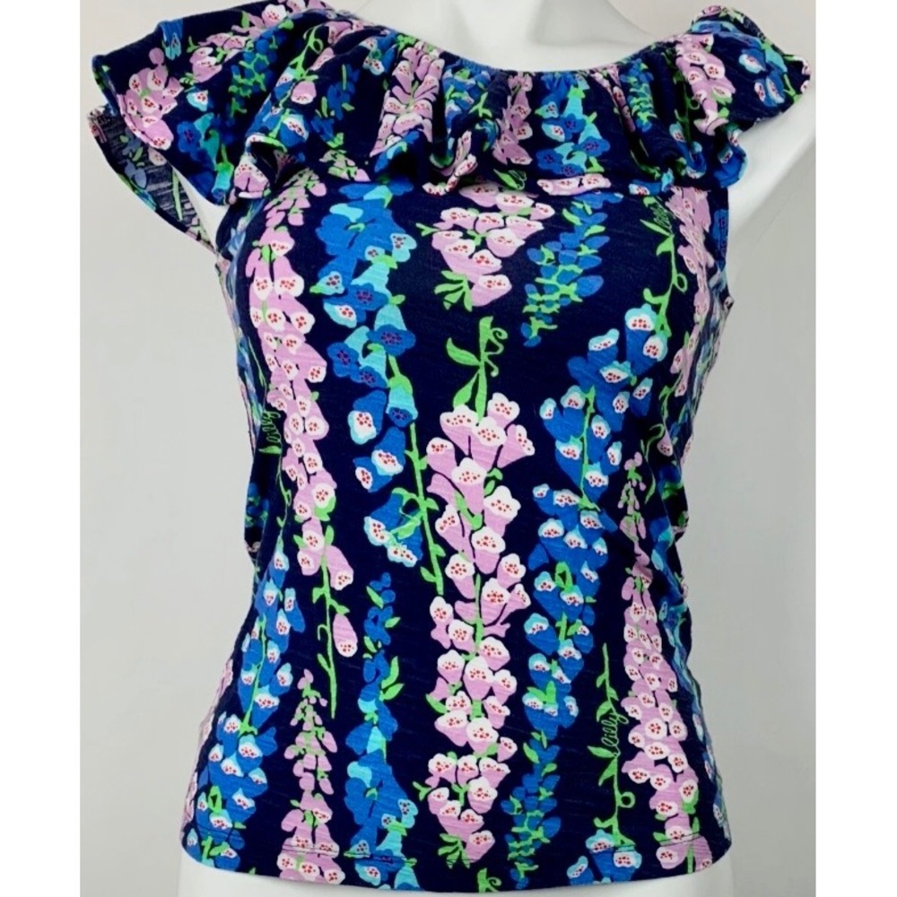 Lilly Pulitzer Wynne Top XS Navy Blue Bells Floral Ruffle Asymmetric Yoke